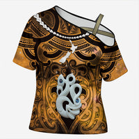 Personalised Maori Matariki Manaia Kowhai Cross Shoulder Shirt Maori Kowhaiwhai Pattern Galaxy LT01 Female Yellow - Polynesian Pride