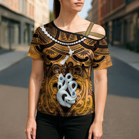 Personalised Maori Matariki Manaia Kowhai Cross Shoulder Shirt Maori Kowhaiwhai Pattern Galaxy LT01 - Polynesian Pride