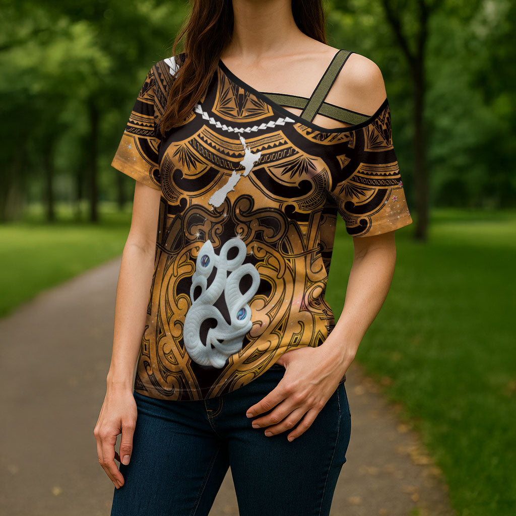 Personalised Maori Matariki Manaia Kowhai Cross Shoulder Shirt Maori Kowhaiwhai Pattern Galaxy LT01 - Polynesian Pride