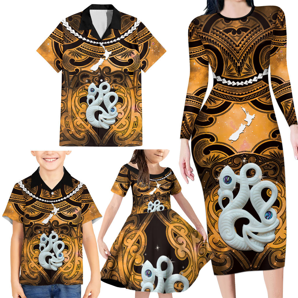 Personalised Maori Matariki Manaia Kowhai Family Matching Long Sleeve Bodycon Dress and Hawaiian Shirt Maori Kowhaiwhai Pattern Galaxy
