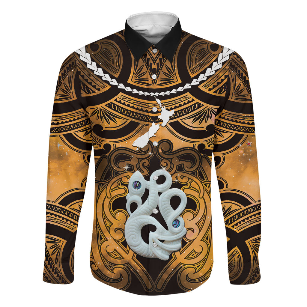 Personalised Maori Matariki Manaia Kowhai Family Matching Long Sleeve Bodycon Dress and Hawaiian Shirt Maori Kowhaiwhai Pattern Galaxy LT01 Dad's Shirt - Long Sleeve Yellow - Polynesian Pride