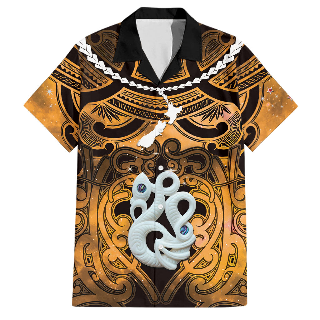 Personalised Maori Matariki Manaia Kowhai Family Matching Mermaid Dress and Hawaiian Shirt Maori Kowhaiwhai Pattern Galaxy LT01 Dad's Shirt - Short Sleeve Yellow - Polynesian Pride
