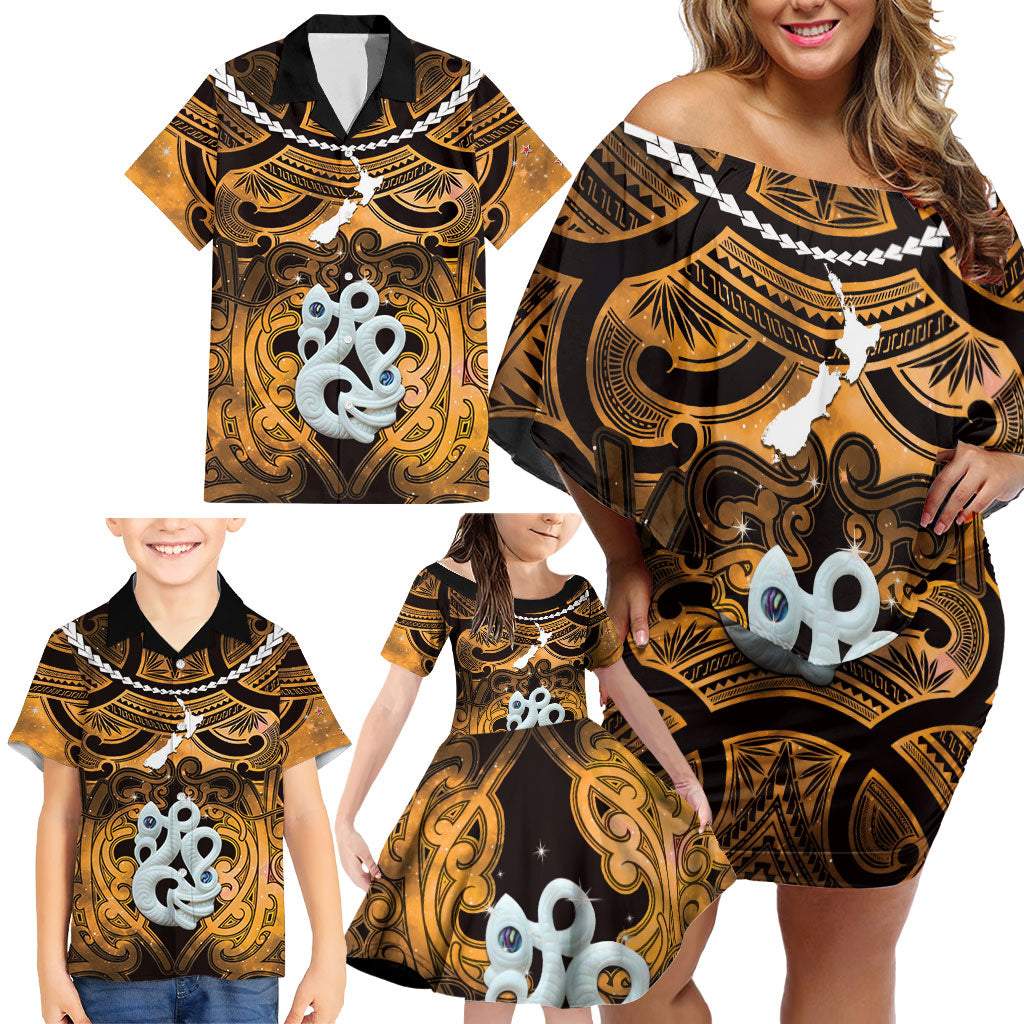Personalised Maori Matariki Manaia Kowhai Family Matching Off Shoulder Short Dress and Hawaiian Shirt Maori Kowhaiwhai Pattern Galaxy
