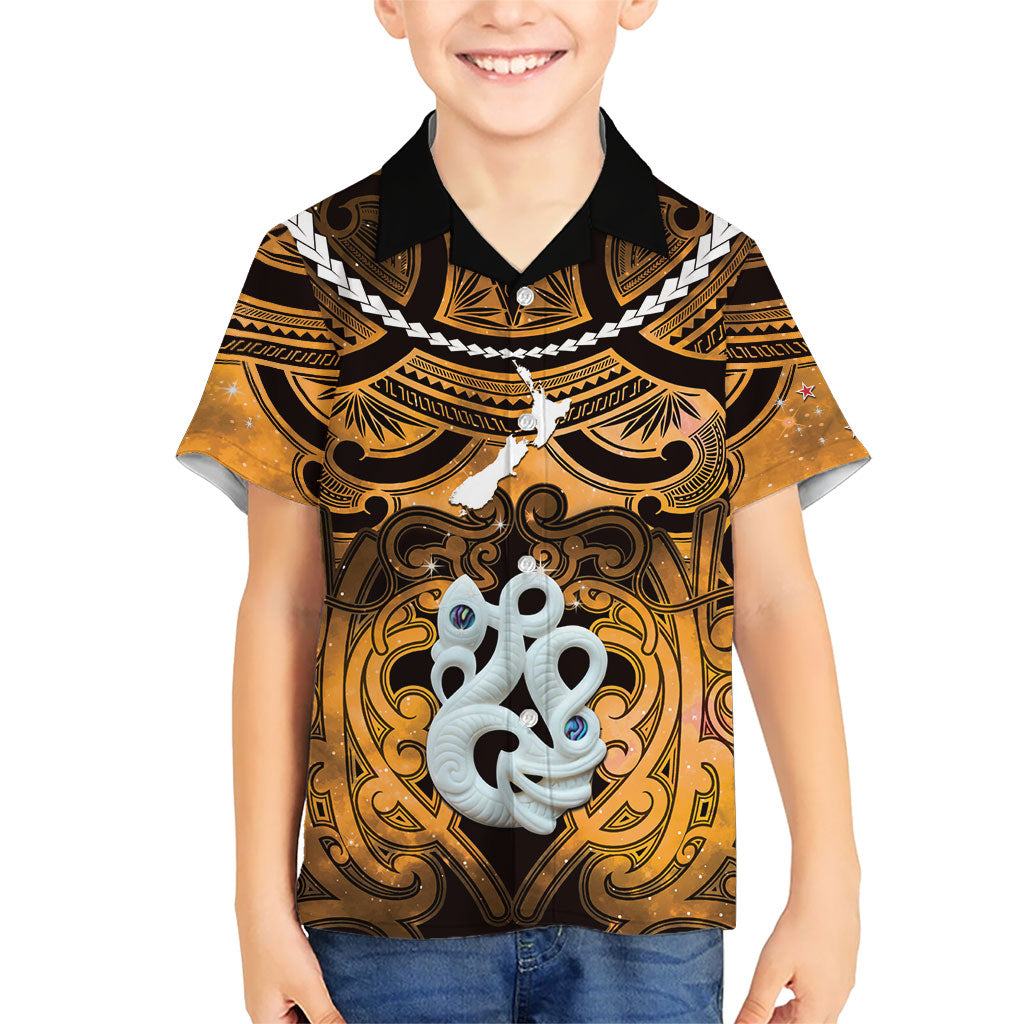 Personalised Maori Matariki Manaia Kowhai Family Matching Puletasi and Hawaiian Shirt Maori Kowhaiwhai Pattern Galaxy LT01 Son's Shirt Yellow - Polynesian Pride