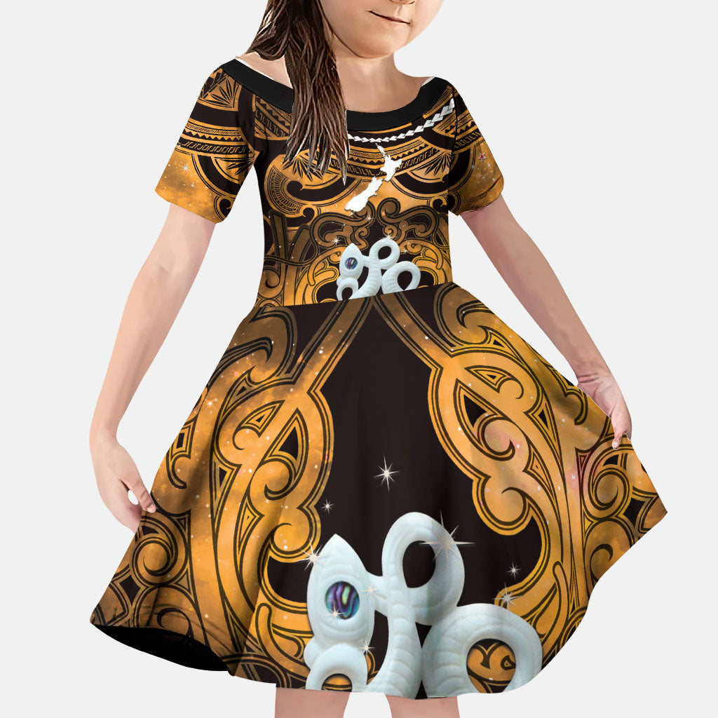 Personalised Maori Matariki Manaia Kowhai Family Matching Tank Maxi Dress and Hawaiian Shirt Maori Kowhaiwhai Pattern Galaxy LT01 Daughter's Dress Yellow - Polynesian Pride