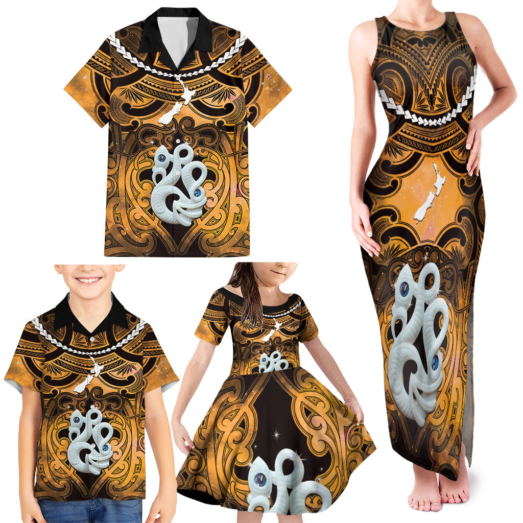 Personalised Maori Matariki Manaia Kowhai Family Matching Tank Maxi Dress and Hawaiian Shirt Maori Kowhaiwhai Pattern Galaxy