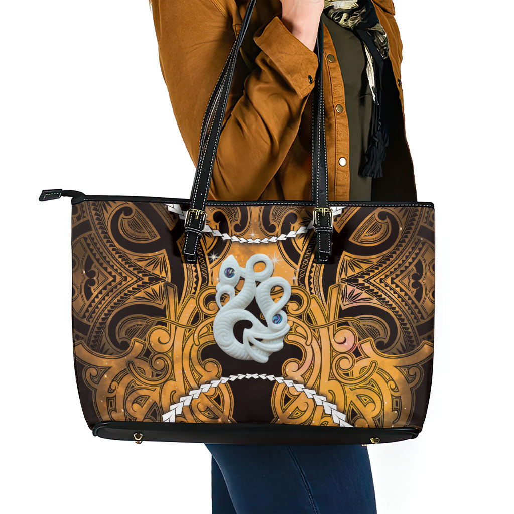 Maori Matariki Manaia Kowhai Leather Tote Bag Maori Kowhaiwhai Pattern Galaxy LT01 - Polynesian Pride