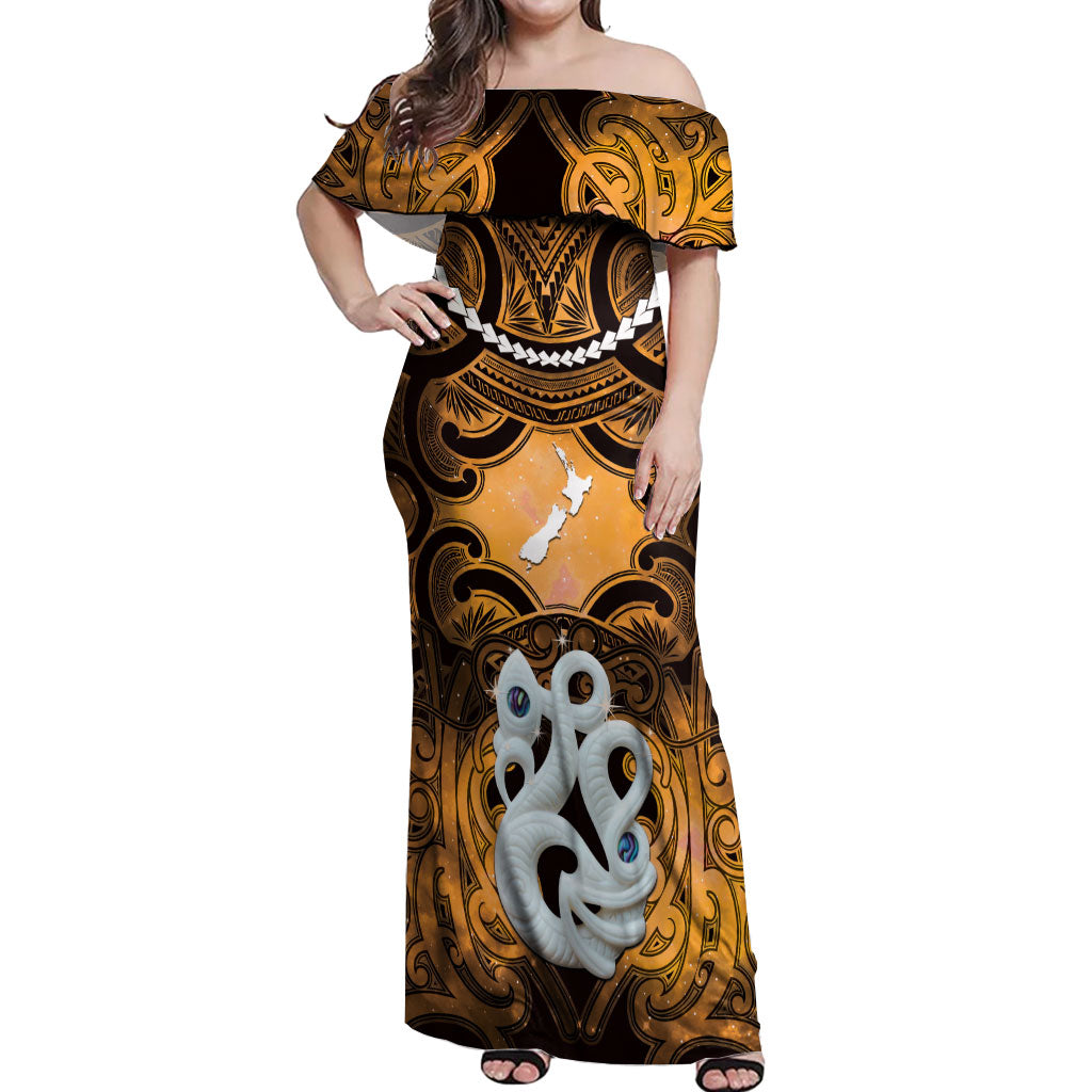 Personalised Maori Matariki Manaia Kowhai Off Shoulder Maxi Dress Maori Kowhaiwhai Pattern Galaxy