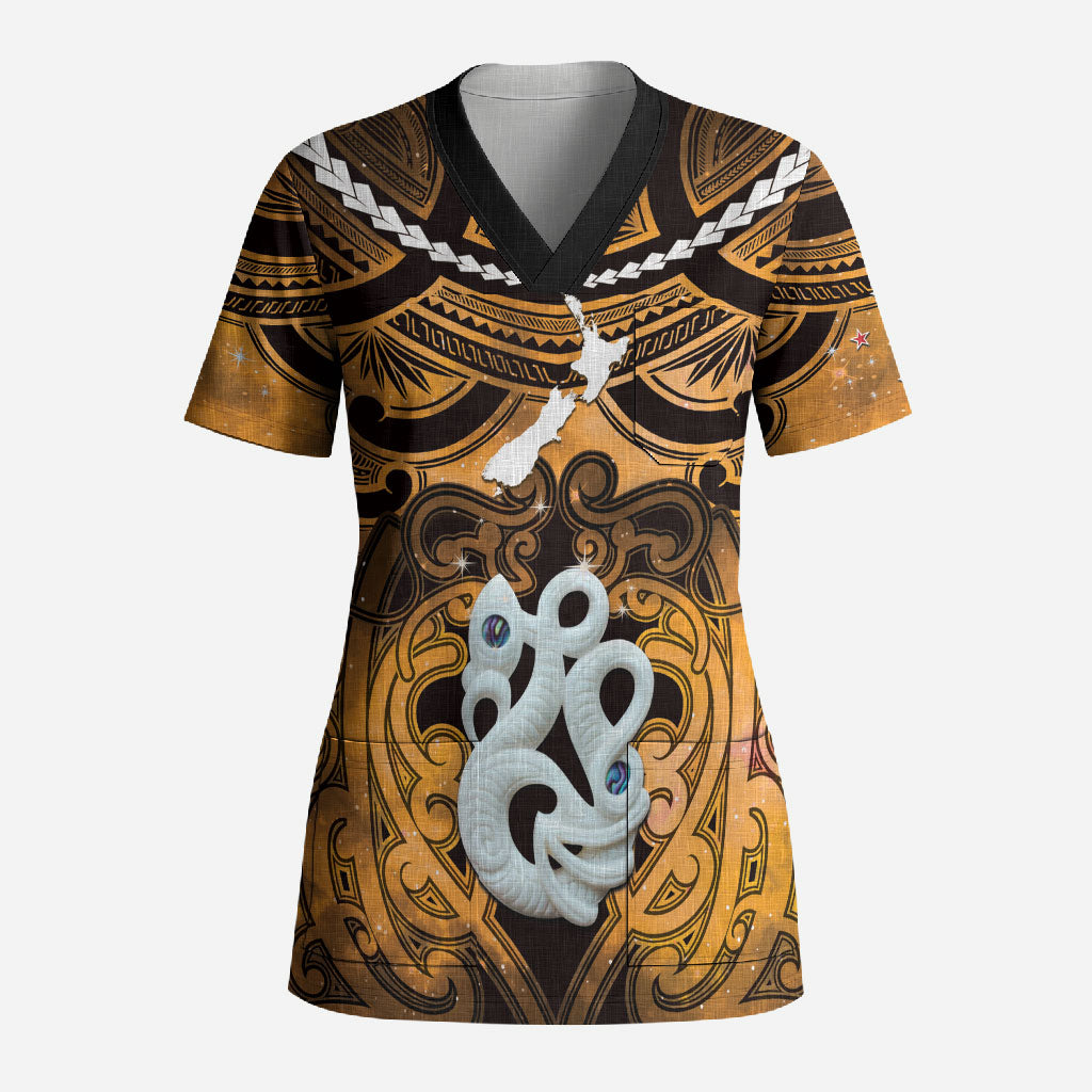 Personalised Maori Matariki Manaia Kowhai Scrub Top Maori Kowhaiwhai Pattern Galaxy
