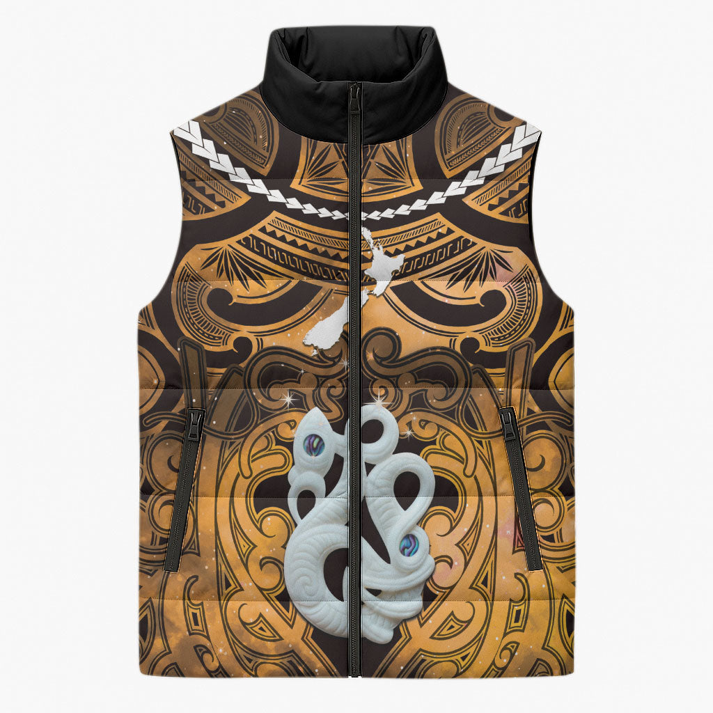 Personalised Maori Matariki Manaia Kowhai Sleeveless Puffer Jacket Maori Kowhaiwhai Pattern Galaxy