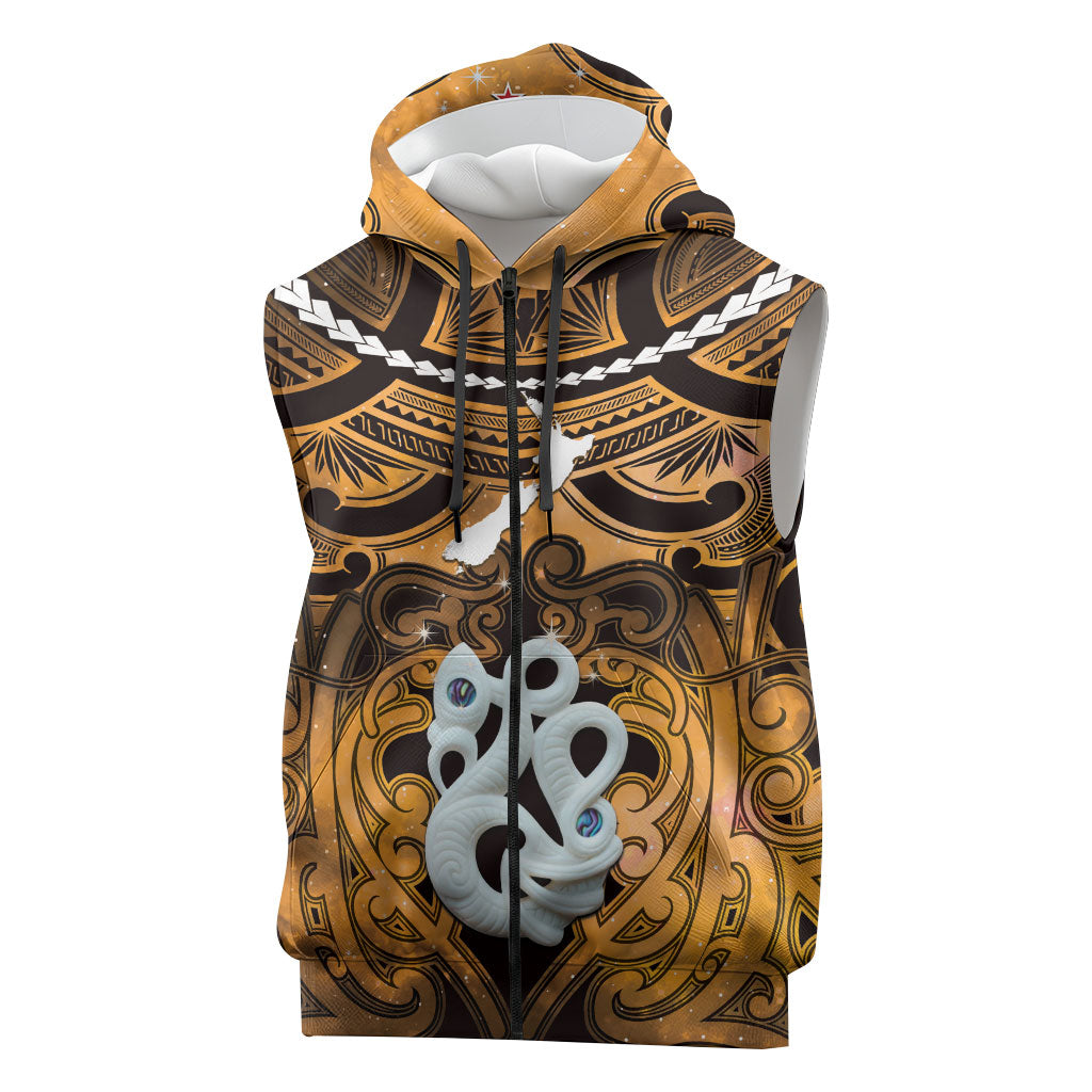 Personalised Maori Matariki Manaia Kowhai Sleeveless Zip Hoodie Maori Kowhaiwhai Pattern Galaxy