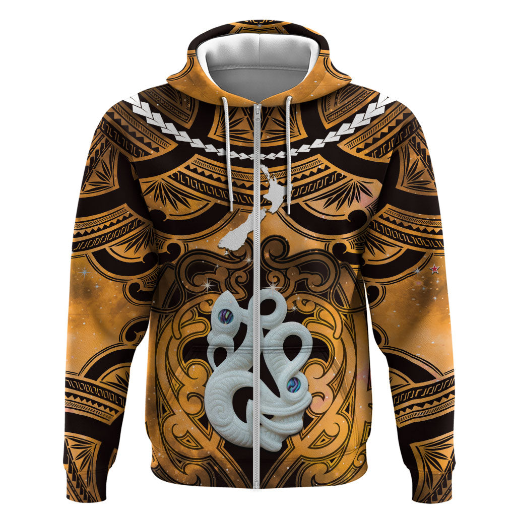 Personalised Maori Matariki Manaia Kowhai Zip Hoodie Maori Kowhaiwhai Pattern Galaxy