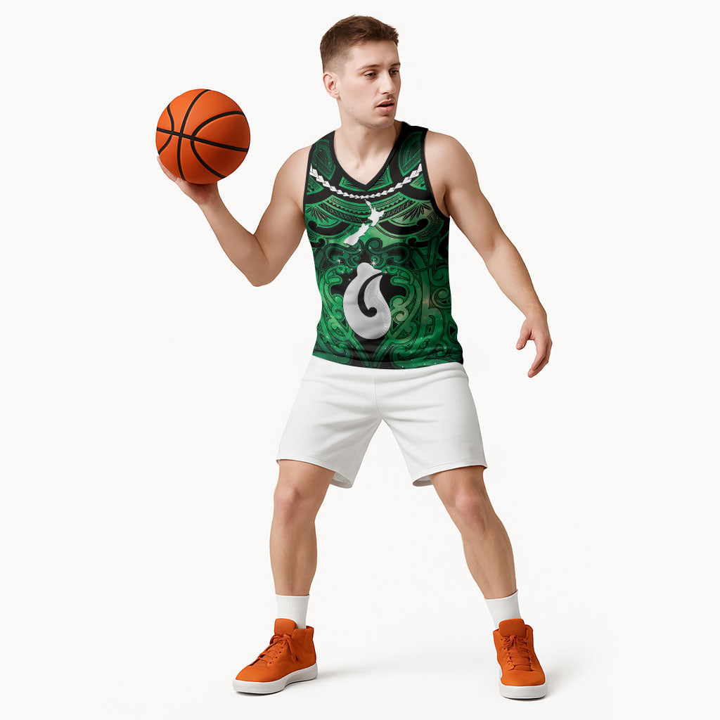 Personalised Maori Matariki Hei Matau Kakariki Basketball Jersey Maori Kowhaiwhai Pattern Galaxy LT01 - Polynesian Pride
