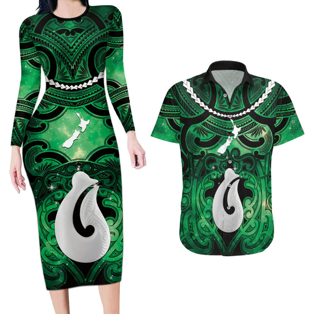 Personalised Maori Matariki Hei Matau Kakariki Couples Matching Long Sleeve Bodycon Dress and Hawaiian Shirt Maori Kowhaiwhai Pattern Galaxy