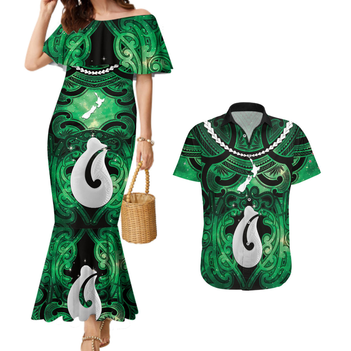 Personalised Maori Matariki Hei Matau Kakariki Couples Matching Mermaid Dress and Hawaiian Shirt Maori Kowhaiwhai Pattern Galaxy