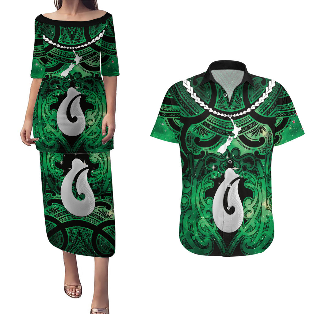 Personalised Maori Matariki Hei Matau Kakariki Couples Matching Puletasi and Hawaiian Shirt Maori Kowhaiwhai Pattern Galaxy