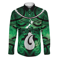 Personalised Maori Matariki Hei Matau Kakariki Family Matching Mermaid Dress and Hawaiian Shirt Maori Kowhaiwhai Pattern Galaxy LT01 Dad's Shirt - Long Sleeve Green - Polynesian Pride