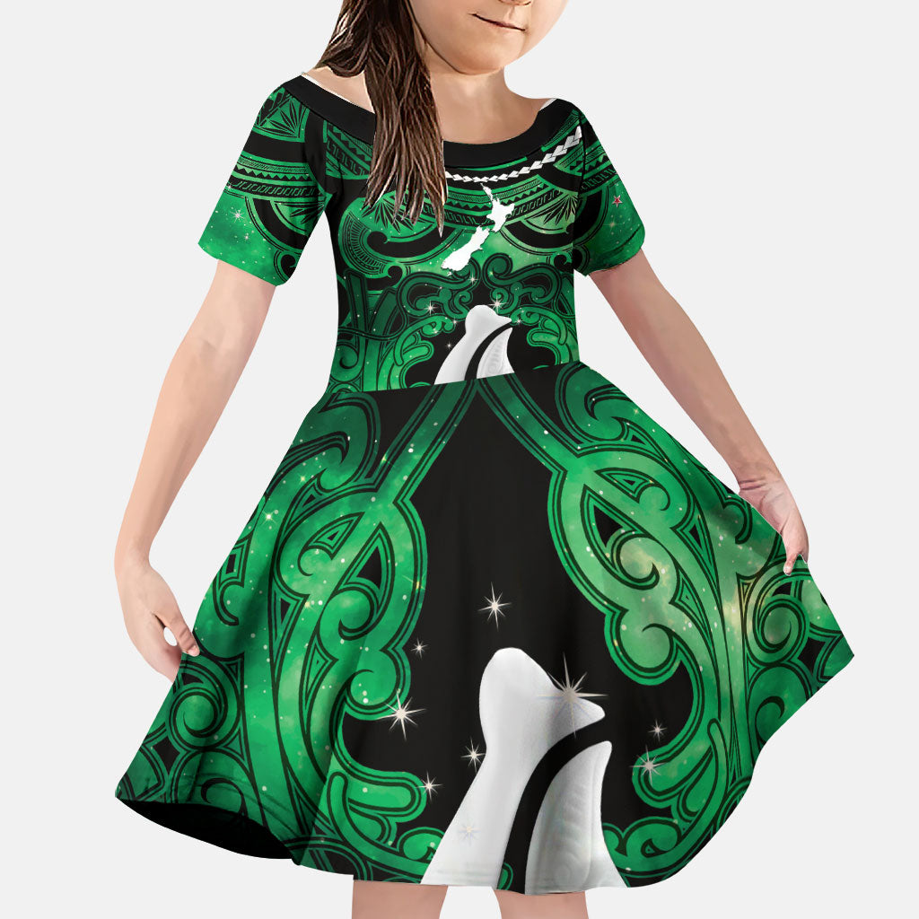Personalised Maori Matariki Hei Matau Kakariki Family Matching Puletasi and Hawaiian Shirt Maori Kowhaiwhai Pattern Galaxy LT01 Daughter's Dress Green - Polynesian Pride
