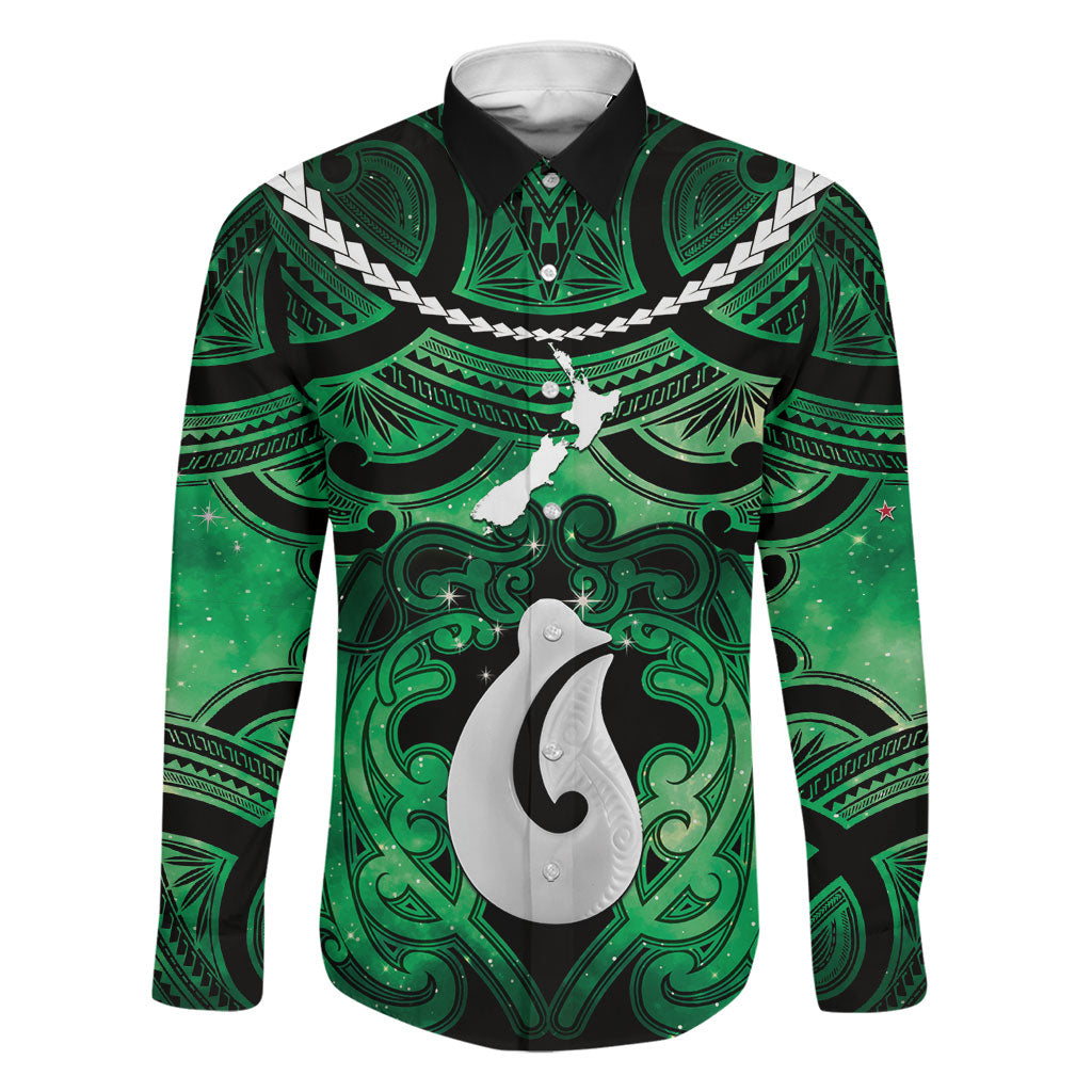 Personalised Maori Matariki Hei Matau Kakariki Family Matching Short Sleeve Bodycon Dress and Hawaiian Shirt Maori Kowhaiwhai Pattern Galaxy LT01 Dad's Shirt - Long Sleeve Green - Polynesian Pride