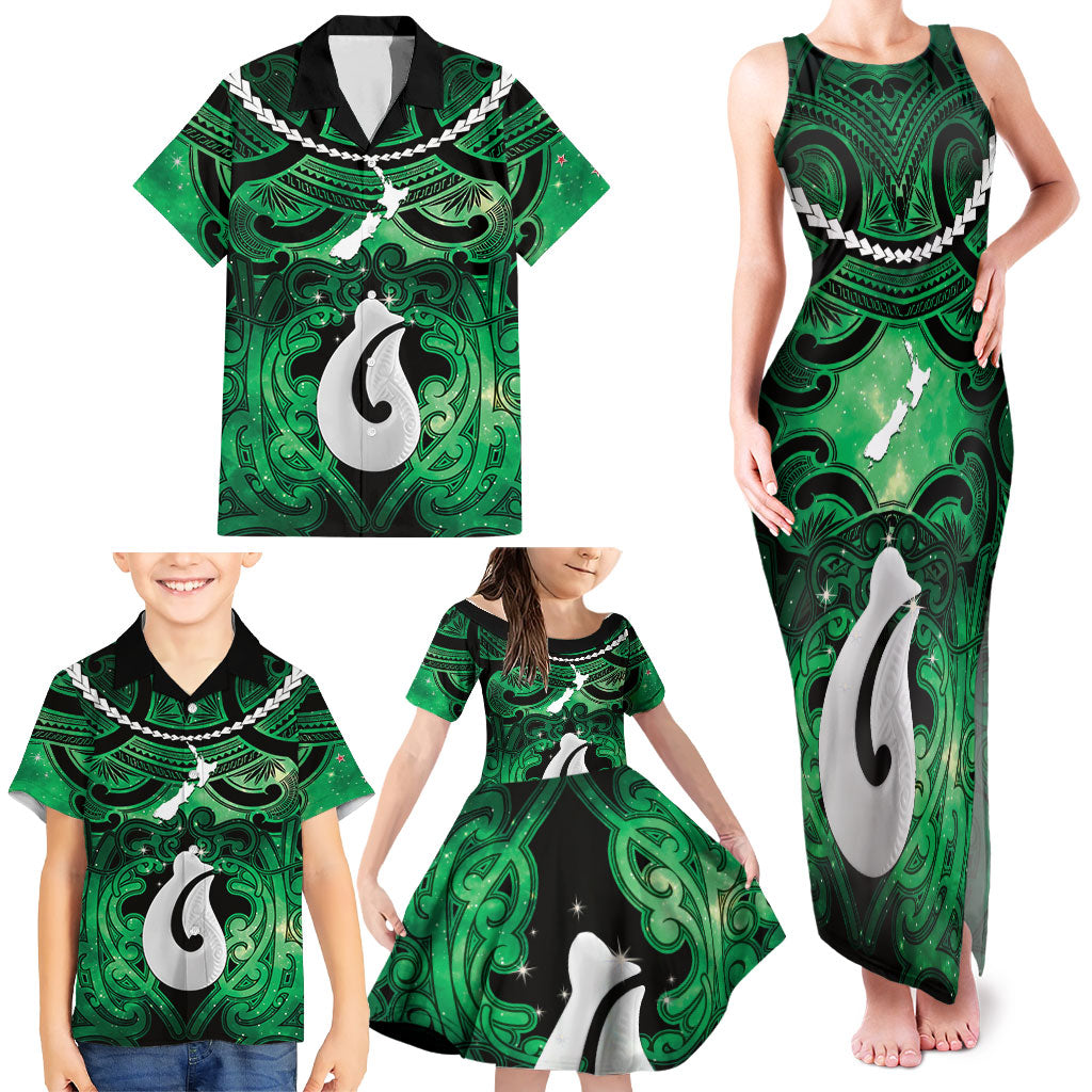 Personalised Maori Matariki Hei Matau Kakariki Family Matching Tank Maxi Dress and Hawaiian Shirt Maori Kowhaiwhai Pattern Galaxy
