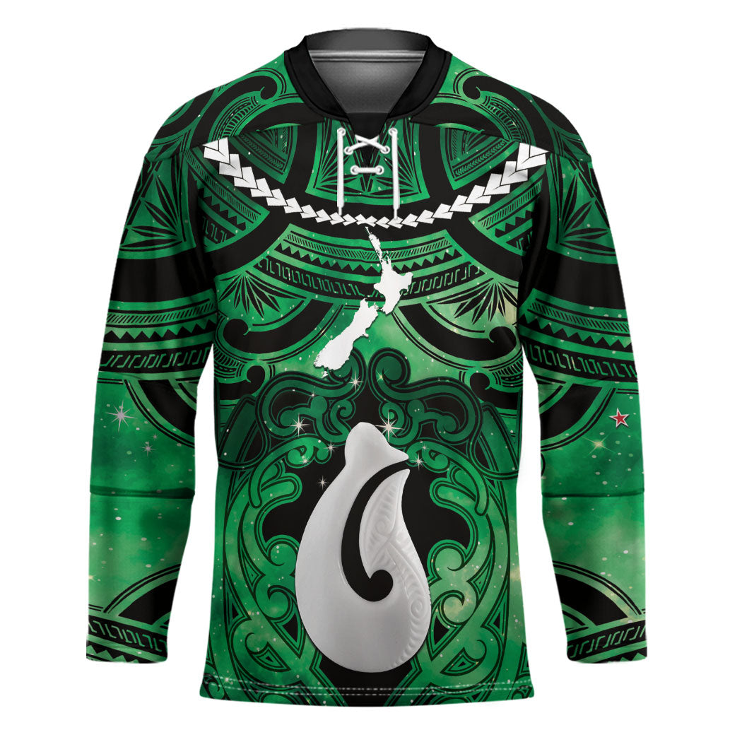 Personalised Maori Matariki Hei Matau Kakariki Hockey Jersey Maori Kowhaiwhai Pattern Galaxy