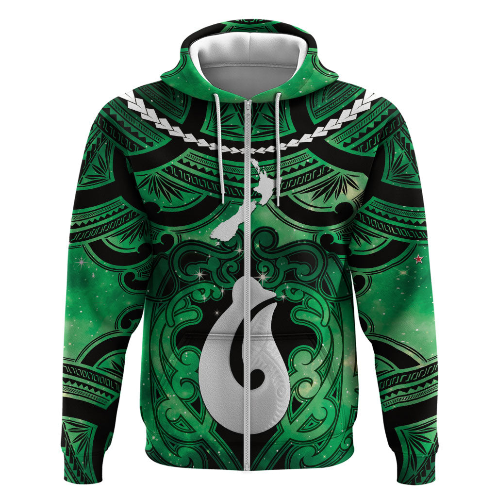 Personalised Maori Matariki Hei Matau Kakariki Hoodie Maori Kowhaiwhai Pattern Galaxy LT01 Zip Hoodie Green - Polynesian Pride