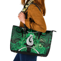 Maori Matariki Hei Matau Kakariki Leather Tote Bag Maori Kowhaiwhai Pattern Galaxy LT01 Green - Polynesian Pride