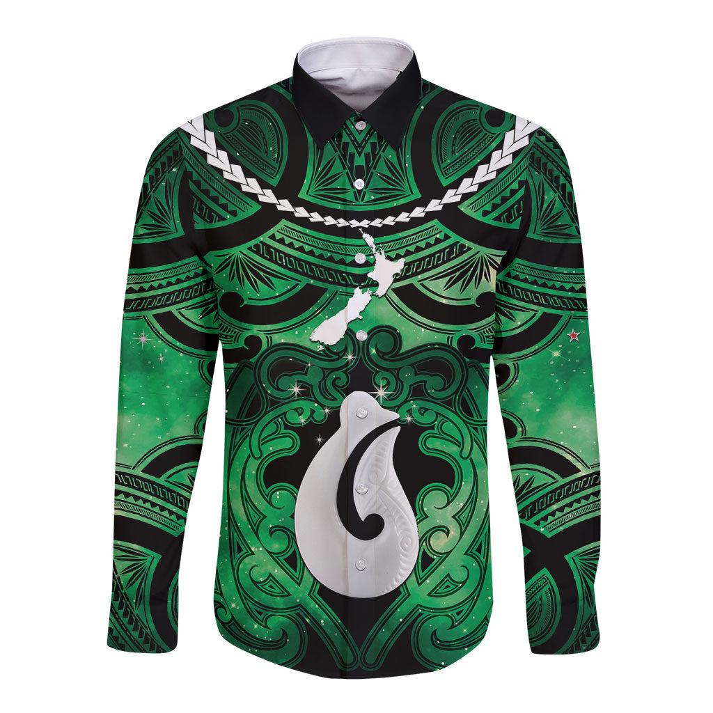 Personalised Maori Matariki Hei Matau Kakariki Long Sleeve Button Shirt Maori Kowhaiwhai Pattern Galaxy