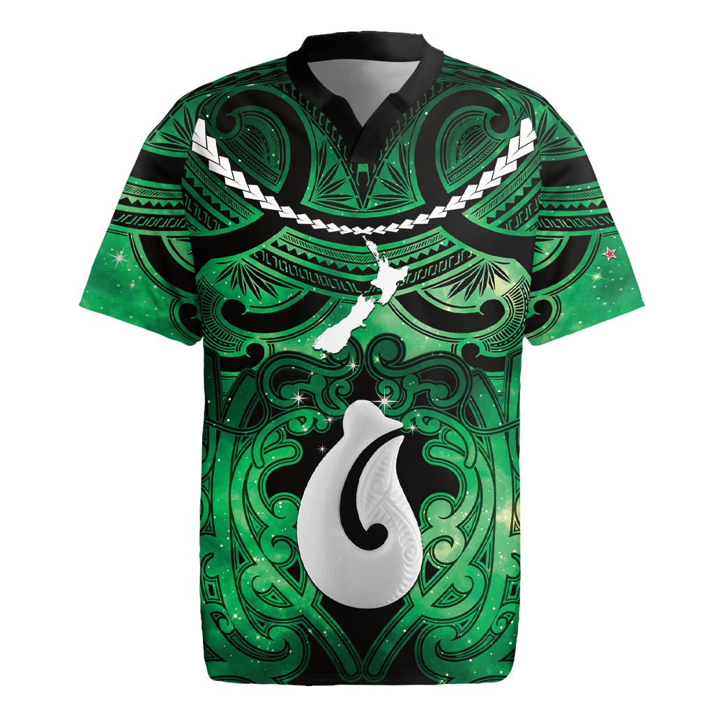 Personalised Maori Matariki Hei Matau Kakariki Rugby Jersey Maori Kowhaiwhai Pattern Galaxy