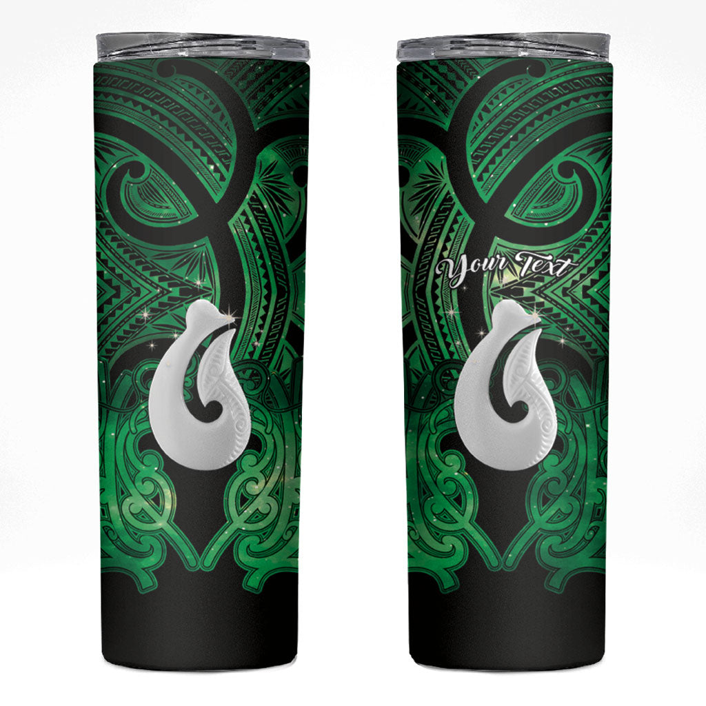 Personalised Maori Matariki Hei Matau Kakariki Skinny Tumbler Maori Kowhaiwhai Pattern Galaxy LT01 Green - Polynesian Pride