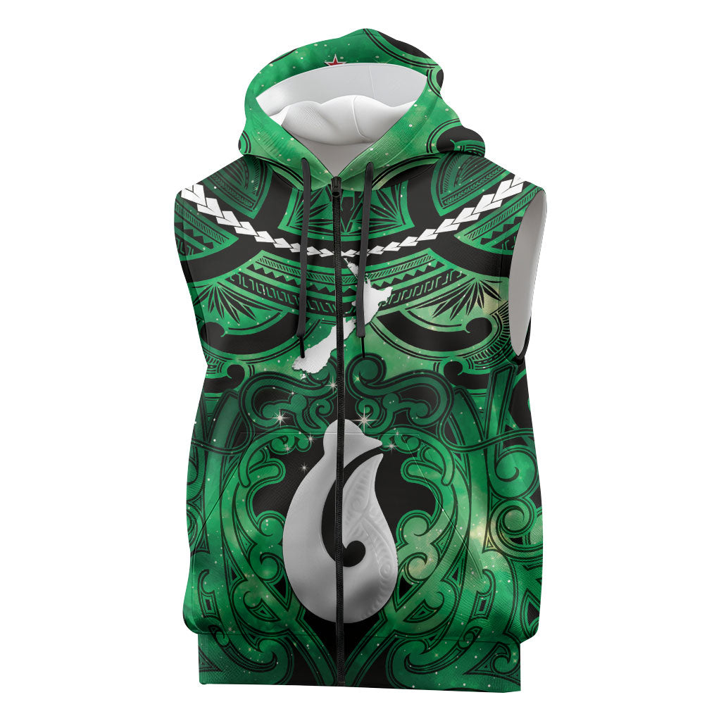 Personalised Maori Matariki Hei Matau Kakariki Sleeveless Zip Hoodie Maori Kowhaiwhai Pattern Galaxy