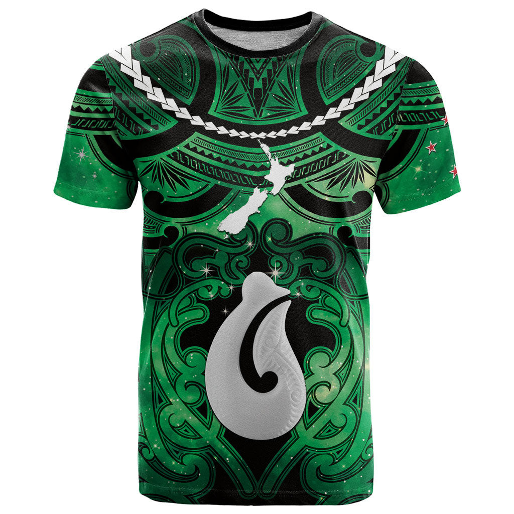 Personalised Maori Matariki Hei Matau Kakariki T Shirt Maori Kowhaiwhai Pattern Galaxy LT01 Green - Polynesian Pride