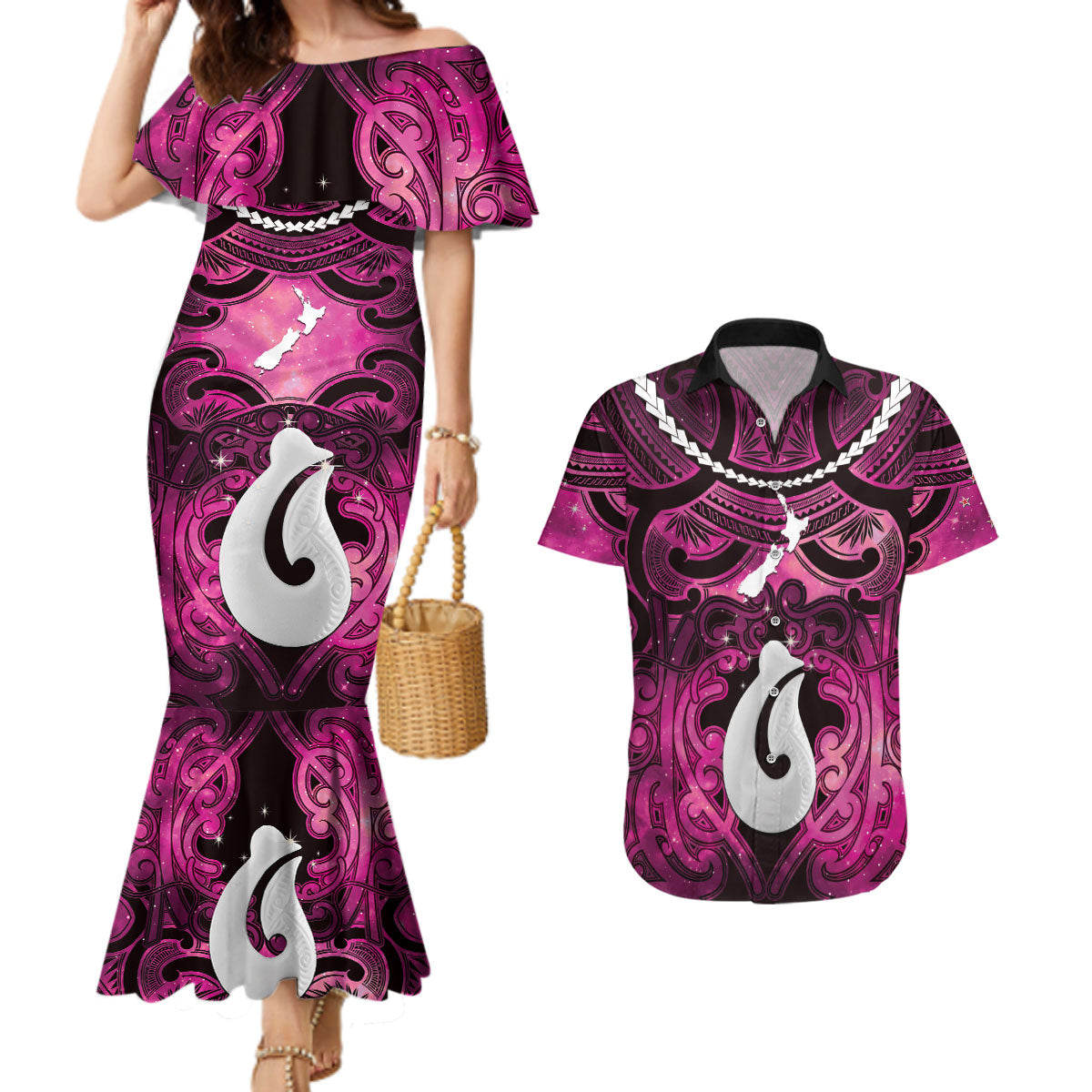 Personalised Maori Matariki Hei Matau Mawhero Couples Matching Mermaid Dress and Hawaiian Shirt Maori Kowhaiwhai Pattern Galaxy