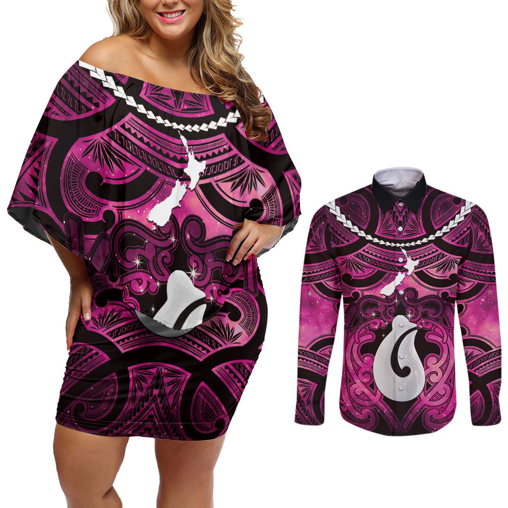 Personalised Maori Matariki Hei Matau Mawhero Couples Matching Off Shoulder Short Dress and Long Sleeve Button Shirt Maori Kowhaiwhai Pattern Galaxy LT01 Pink - Polynesian Pride