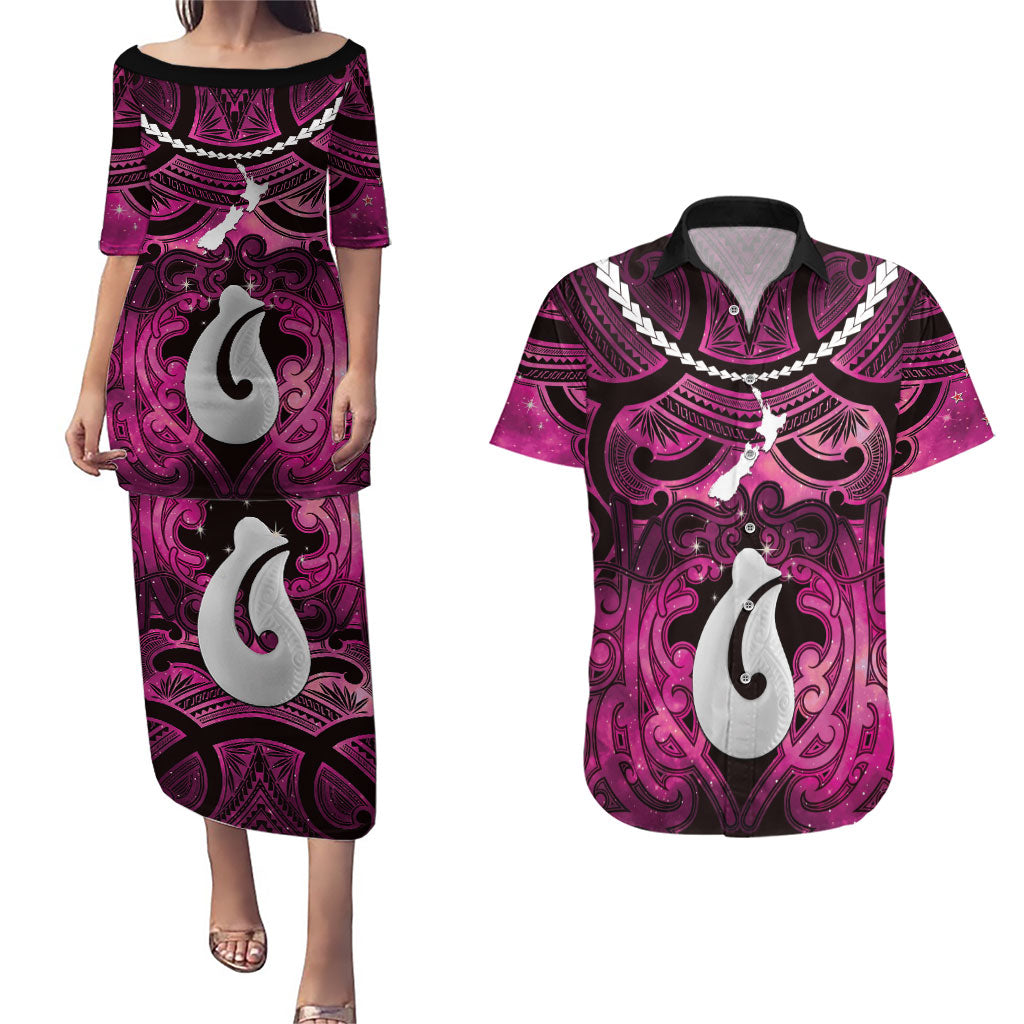 Personalised Maori Matariki Hei Matau Mawhero Couples Matching Puletasi and Hawaiian Shirt Maori Kowhaiwhai Pattern Galaxy
