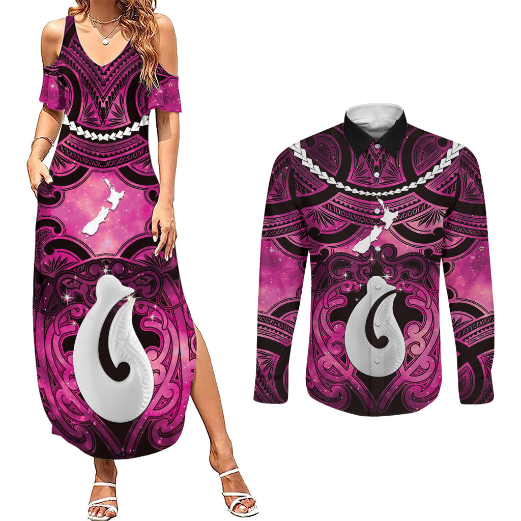 Personalised Maori Matariki Hei Matau Mawhero Couples Matching Summer Maxi Dress and Long Sleeve Button Shirt Maori Kowhaiwhai Pattern Galaxy