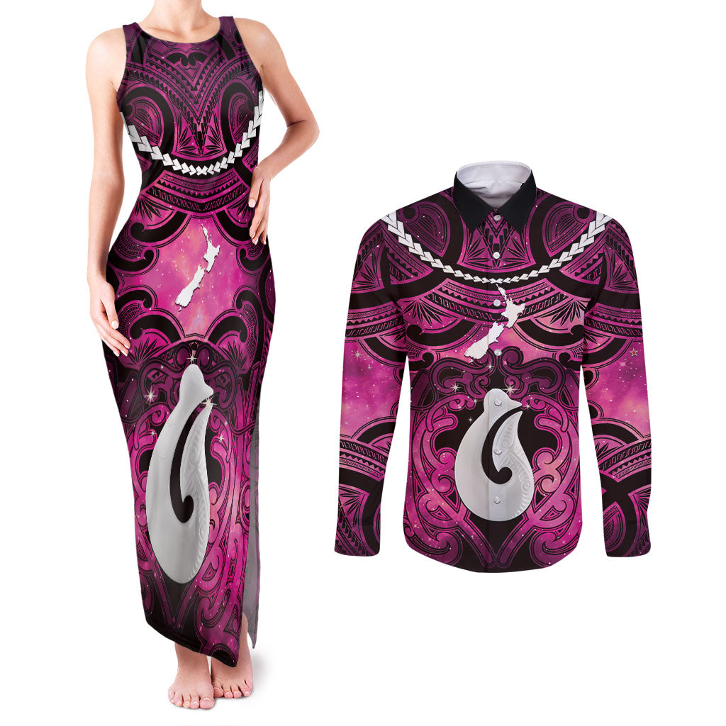 Personalised Maori Matariki Hei Matau Mawhero Couples Matching Tank Maxi Dress and Long Sleeve Button Shirt Maori Kowhaiwhai Pattern Galaxy