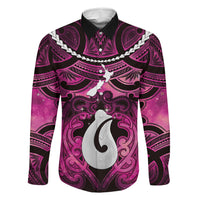 Personalised Maori Matariki Hei Matau Mawhero Family Matching Long Sleeve Bodycon Dress and Hawaiian Shirt Maori Kowhaiwhai Pattern Galaxy LT01 Dad's Shirt - Long Sleeve Pink - Polynesian Pride