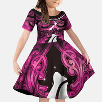 Personalised Maori Matariki Hei Matau Mawhero Family Matching Off Shoulder Maxi Dress and Hawaiian Shirt Maori Kowhaiwhai Pattern Galaxy LT01 Daughter's Dress Pink - Polynesian Pride