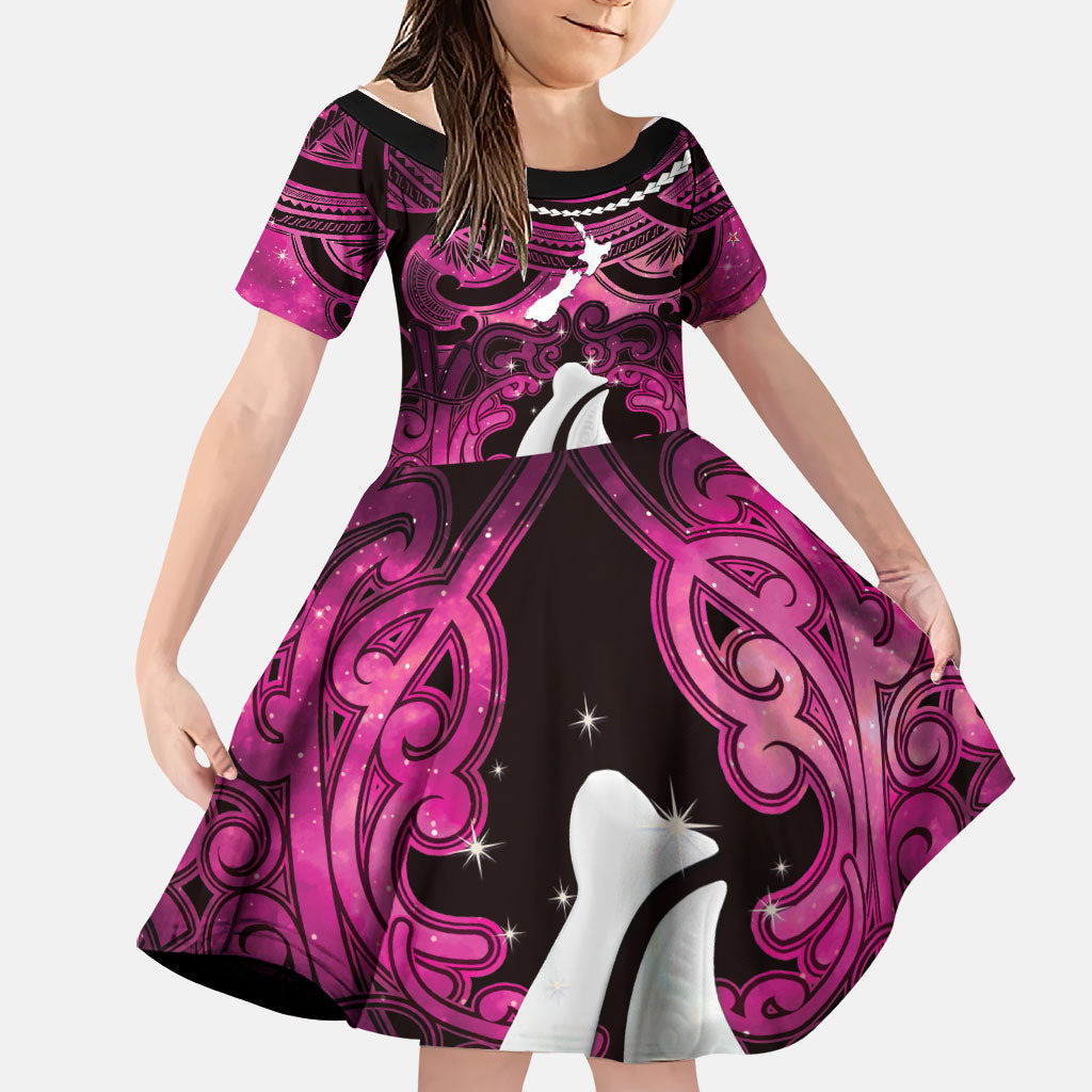 Personalised Maori Matariki Hei Matau Mawhero Family Matching Summer Maxi Dress and Hawaiian Shirt Maori Kowhaiwhai Pattern Galaxy LT01 Daughter's Dress Pink - Polynesian Pride