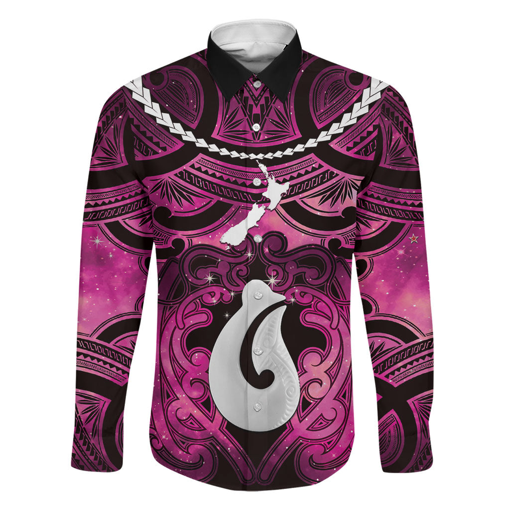 Personalised Maori Matariki Hei Matau Mawhero Family Matching Tank Maxi Dress and Hawaiian Shirt Maori Kowhaiwhai Pattern Galaxy LT01 Dad's Shirt - Long Sleeve Pink - Polynesian Pride