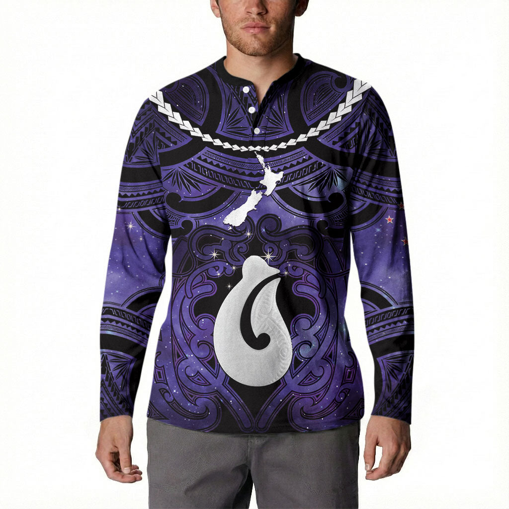 Personalised Maori Matariki Hei Matau Waiporoporo Button Sweatshirt Maori Kowhaiwhai Pattern Galaxy LT01 - Polynesian Pride