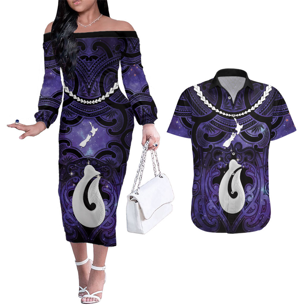 Personalised Maori Matariki Hei Matau Waiporoporo Couples Matching Off The Shoulder Long Sleeve Dress and Hawaiian Shirt Maori Kowhaiwhai Pattern Galaxy