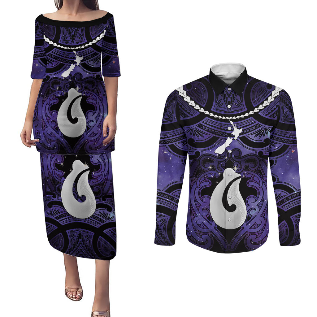 Personalised Maori Matariki Hei Matau Waiporoporo Couples Matching Puletasi and Long Sleeve Button Shirt Maori Kowhaiwhai Pattern Galaxy