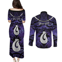 Personalised Maori Matariki Hei Matau Waiporoporo Couples Matching Puletasi and Long Sleeve Button Shirt Maori Kowhaiwhai Pattern Galaxy