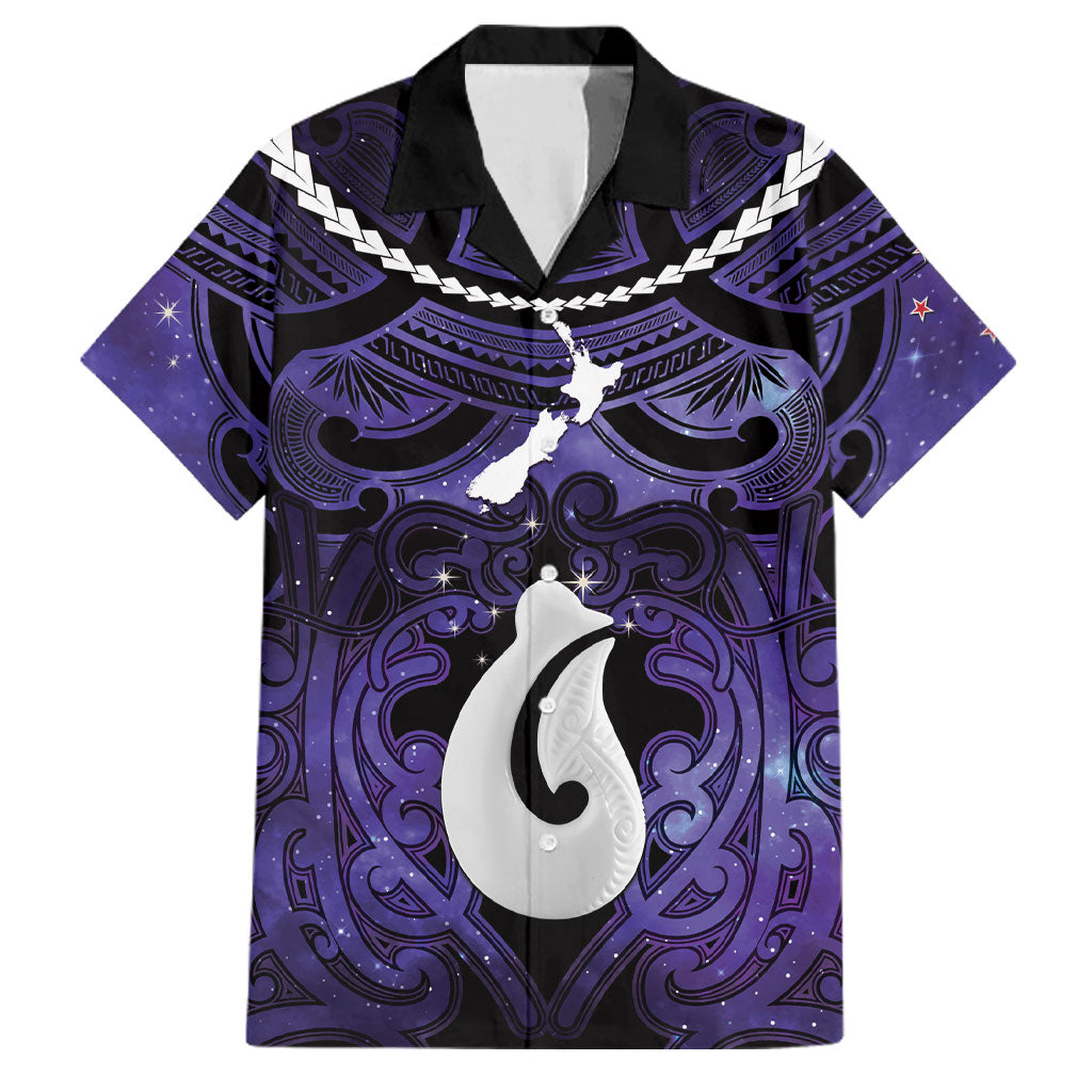 Personalised Maori Matariki Hei Matau Waiporoporo Family Matching Long Sleeve Bodycon Dress and Hawaiian Shirt Maori Kowhaiwhai Pattern Galaxy LT01 Dad's Shirt - Short Sleeve Purple - Polynesian Pride