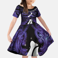 Personalised Maori Matariki Hei Matau Waiporoporo Family Matching Mermaid Dress and Hawaiian Shirt Maori Kowhaiwhai Pattern Galaxy LT01 Daughter's Dress Purple - Polynesian Pride