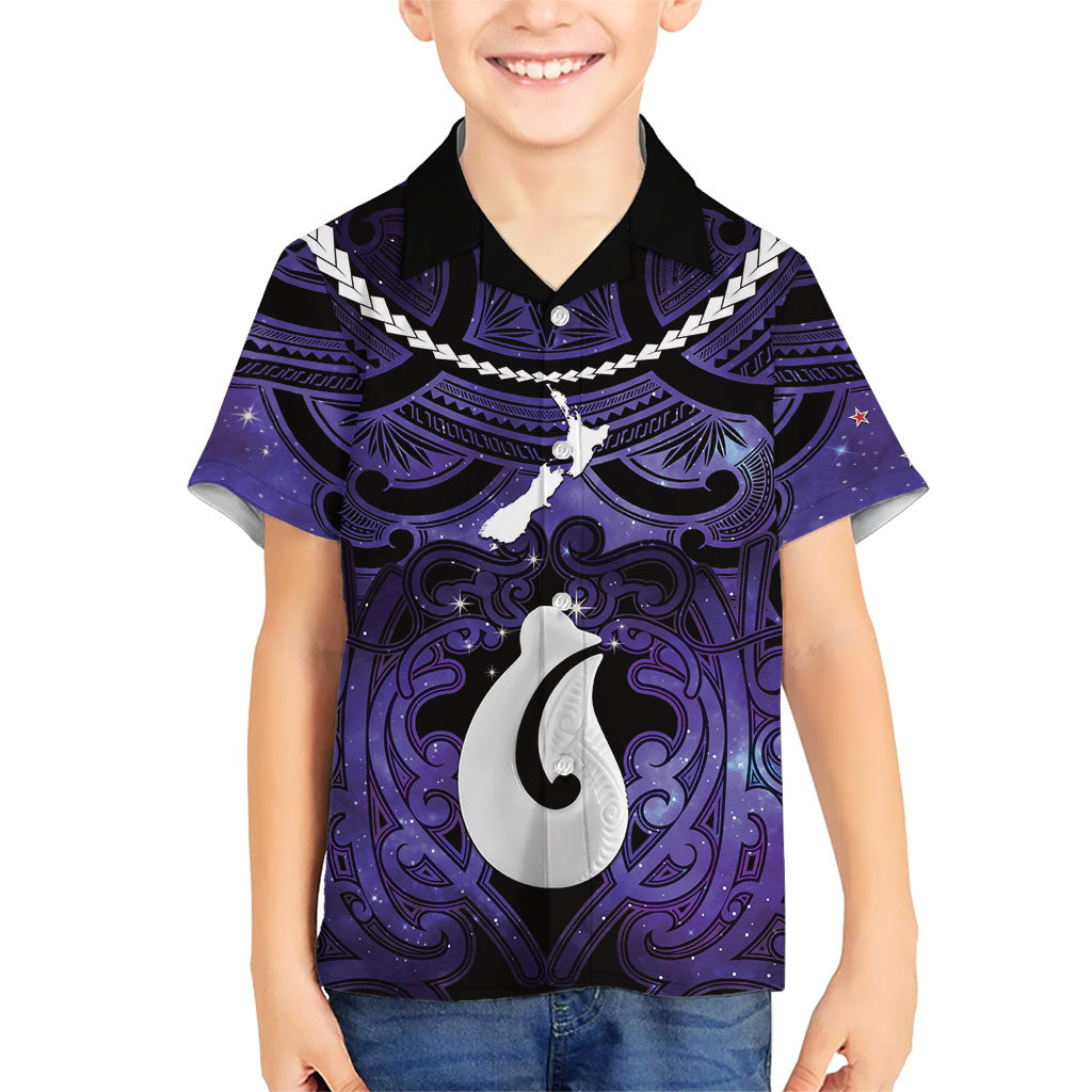 Personalised Maori Matariki Hei Matau Waiporoporo Family Matching Off Shoulder Short Dress and Hawaiian Shirt Maori Kowhaiwhai Pattern Galaxy LT01 Son's Shirt Purple - Polynesian Pride