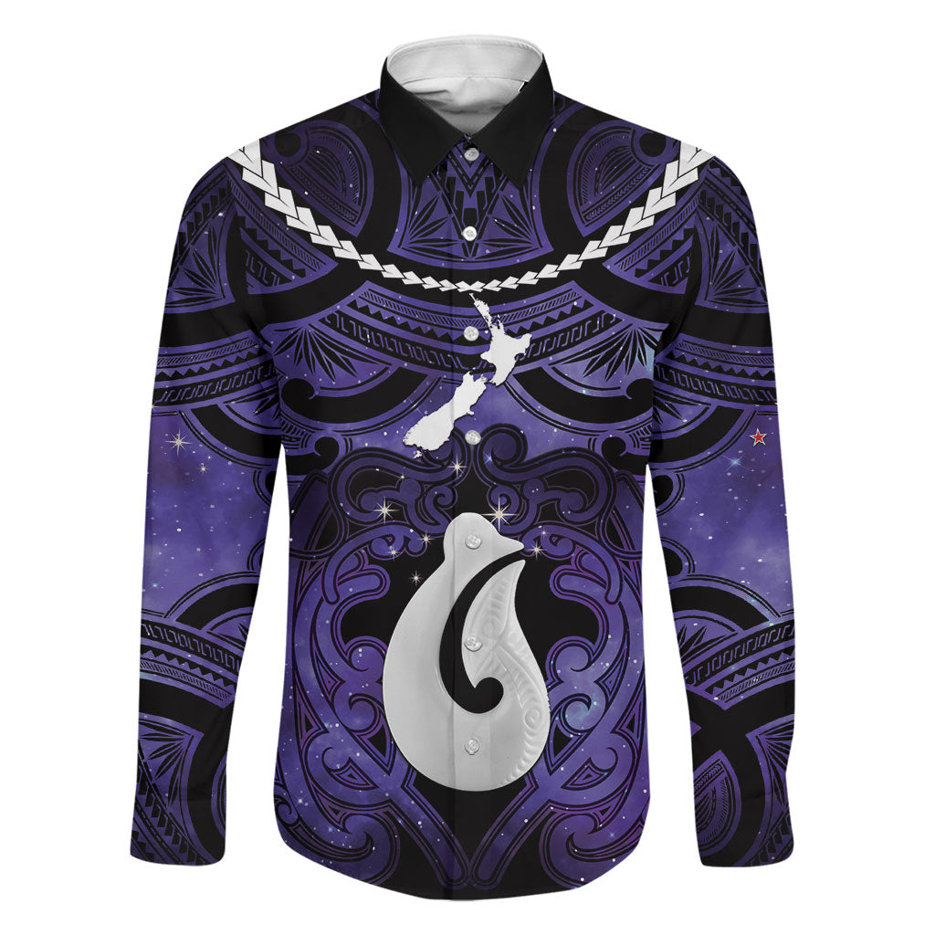Personalised Maori Matariki Hei Matau Waiporoporo Family Matching Puletasi and Hawaiian Shirt Maori Kowhaiwhai Pattern Galaxy LT01 Dad's Shirt - Long Sleeve Purple - Polynesian Pride