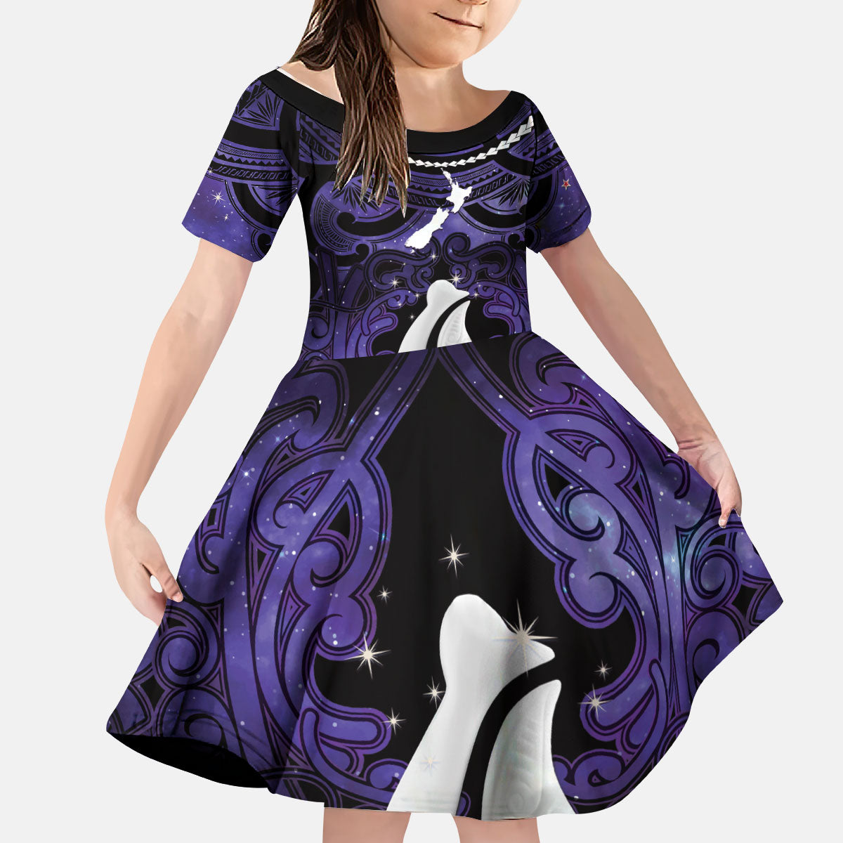 Personalised Maori Matariki Hei Matau Waiporoporo Kid Short Sleeve Dress Maori Kowhaiwhai Pattern Galaxy